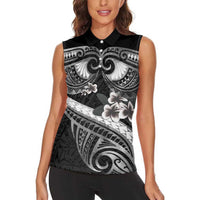 Black Polynesia Women Sleeveless Polo Shirt Tribal Pattern Tropical Frangipani