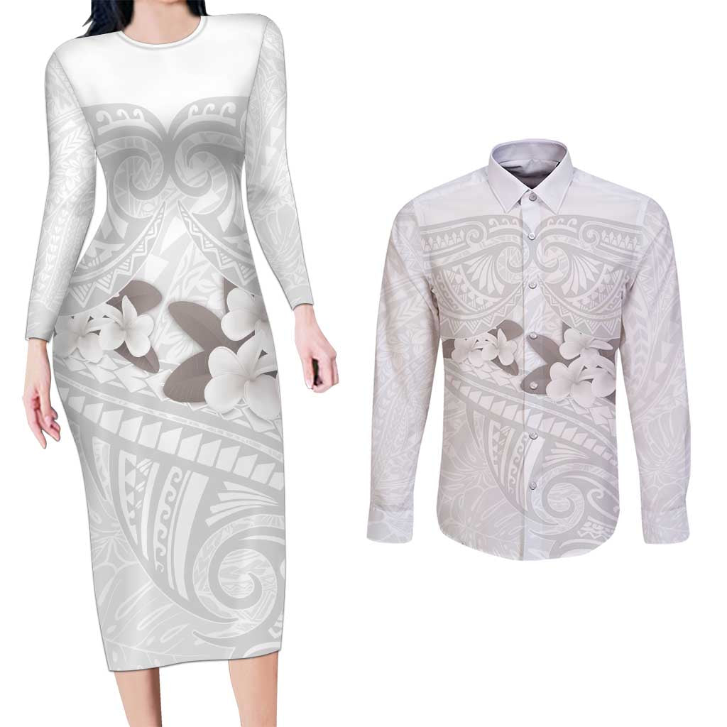 White Polynesia Couples Matching Long Sleeve Bodycon Dress and Long Sleeve Button Shirt Tribal Pattern Tropical Frangipani