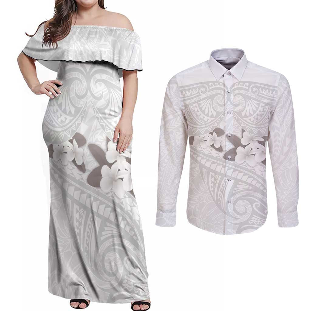 White Polynesia Couples Matching Off Shoulder Maxi Dress and Long Sleeve Button Shirt Tribal Pattern Tropical Frangipani
