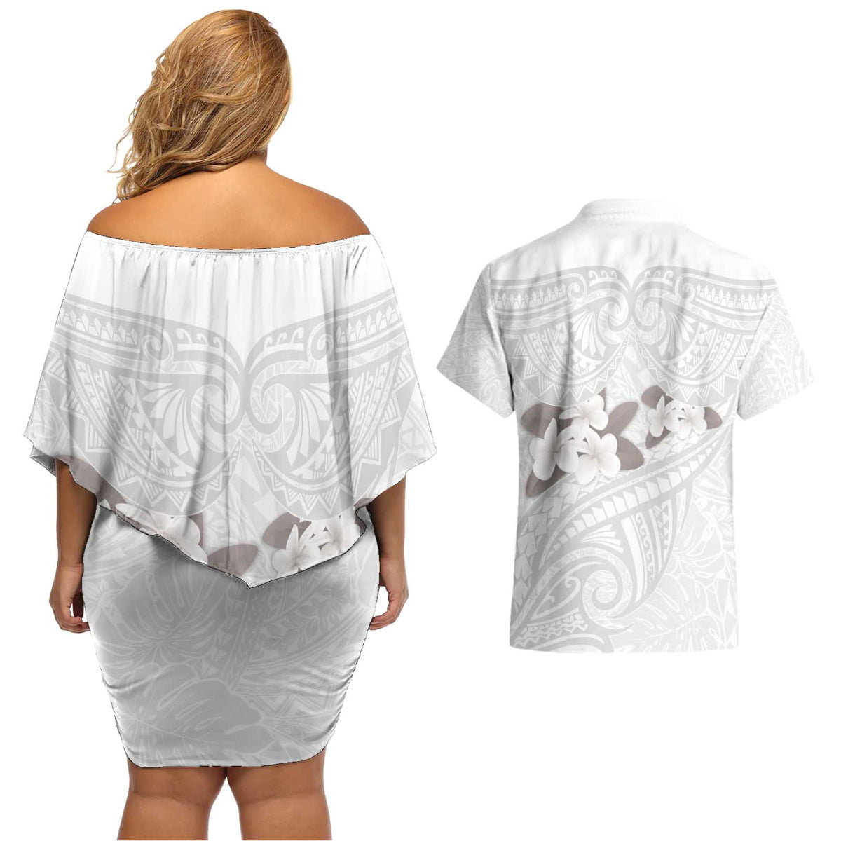 White Polynesia Couples Matching Off Shoulder Short Dress and Hawaiian Shirt Tribal Pattern Tropical Frangipani