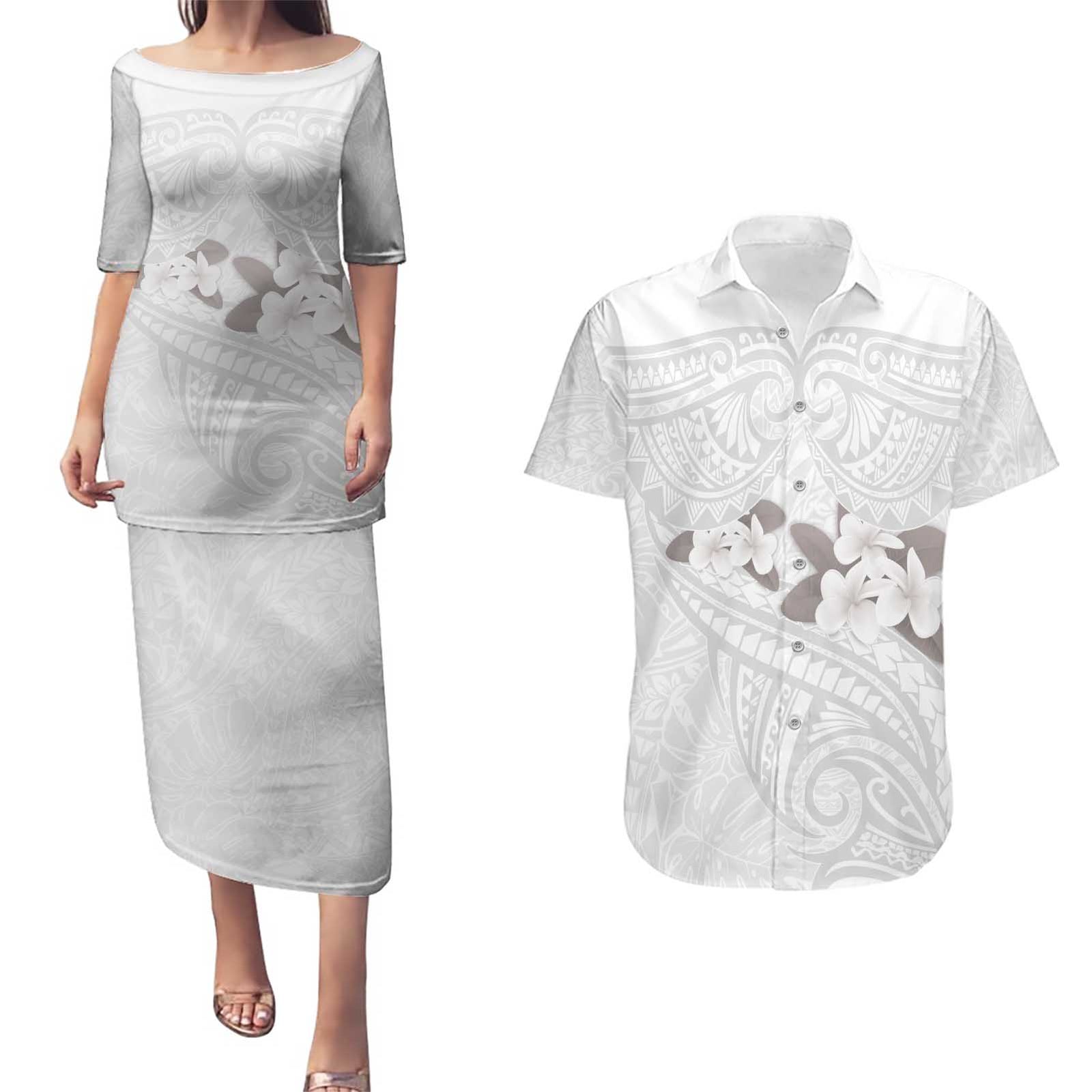 White Polynesia Couples Matching Puletasi and Hawaiian Shirt Tribal Pattern Tropical Frangipani