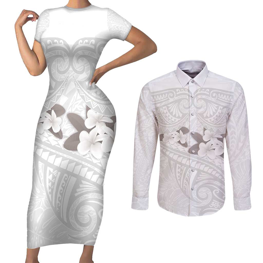 White Polynesia Couples Matching Short Sleeve Bodycon Dress and Long Sleeve Button Shirt Tribal Pattern Tropical Frangipani