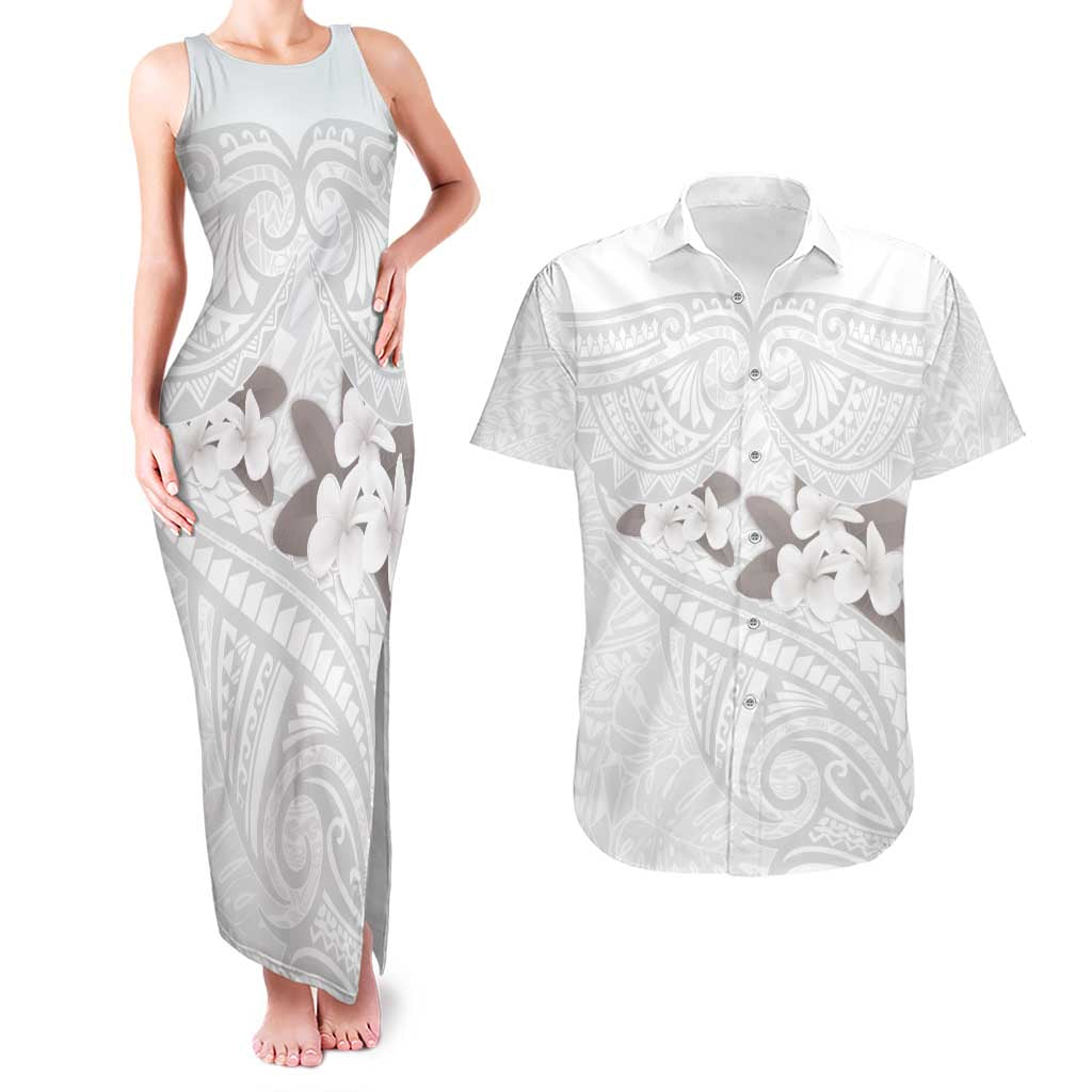White Polynesia Couples Matching Tank Maxi Dress and Hawaiian Shirt Tribal Pattern Tropical Frangipani