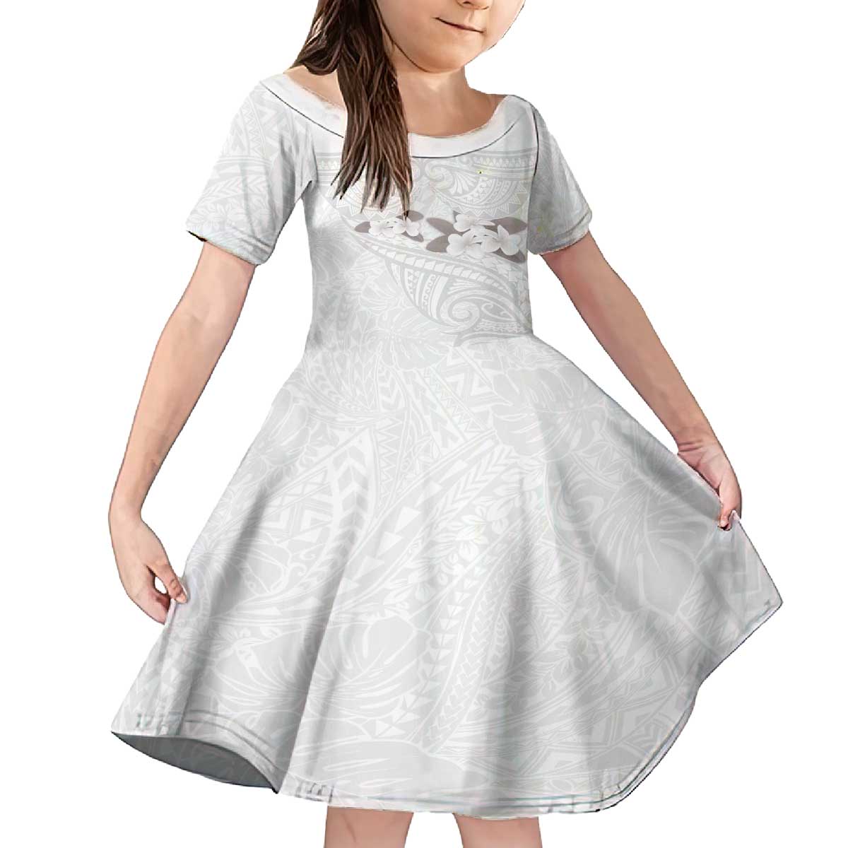 White Polynesia Family Matching Off The Shoulder Long Sleeve Dress and Hawaiian Shirt Tribal Pattern Tropical Frangipani