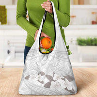 White Polynesia Grocery Bag Tribal Pattern Tropical Frangipani