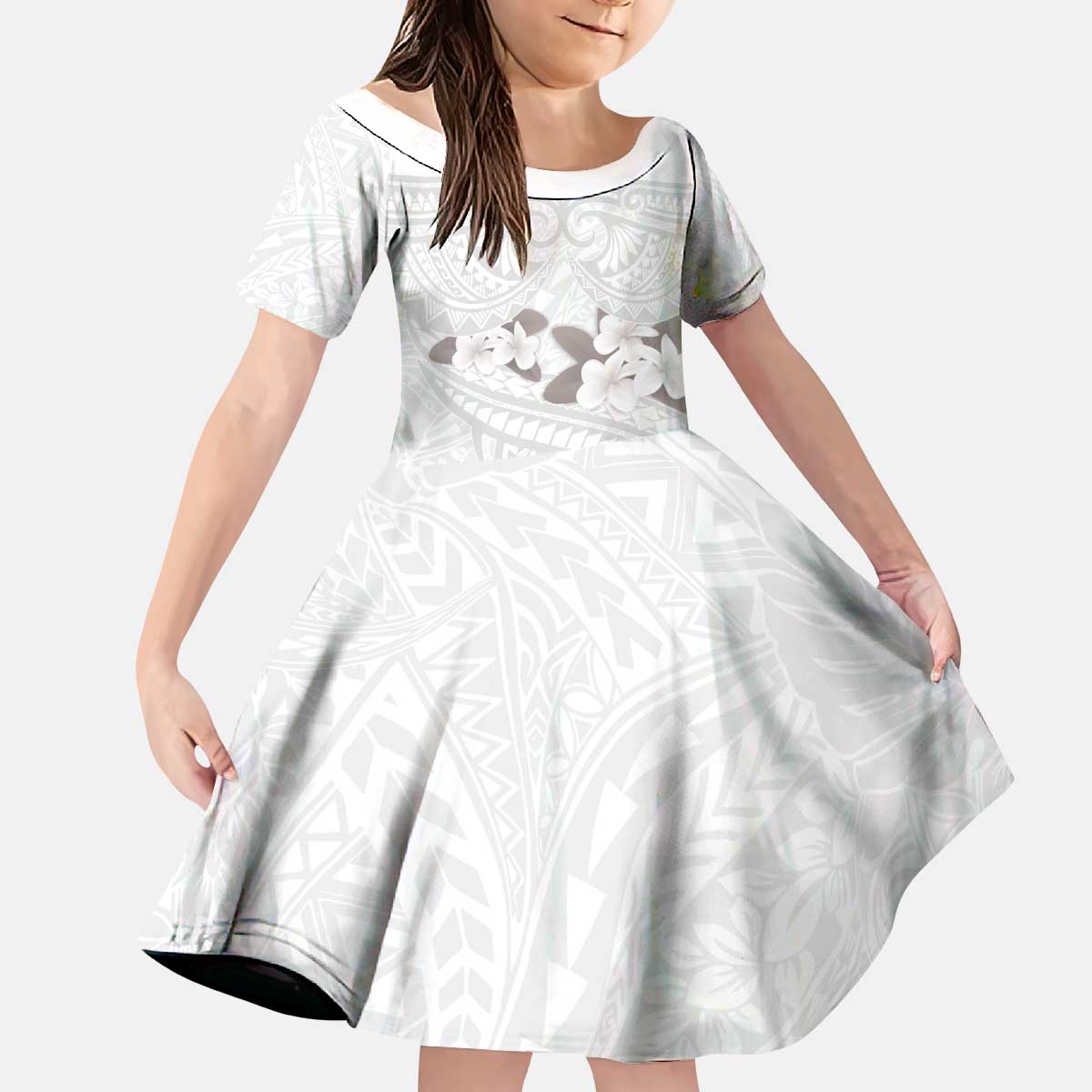 White Polynesia Kid Short Sleeve Dress Tribal Pattern Tropical Frangipani