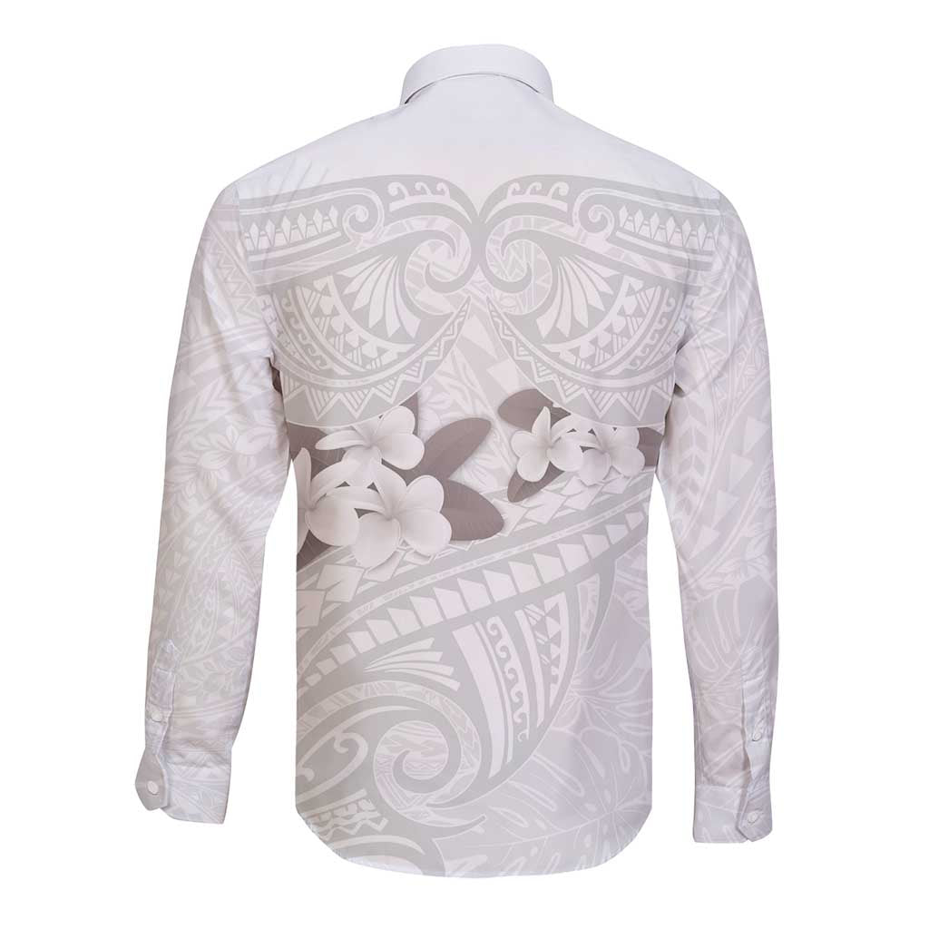 White Polynesia Long Sleeve Button Shirt Tribal Pattern Tropical Frangipani