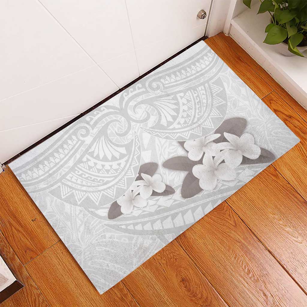 White Polynesia Rubber Doormat Tribal Pattern Tropical Frangipani