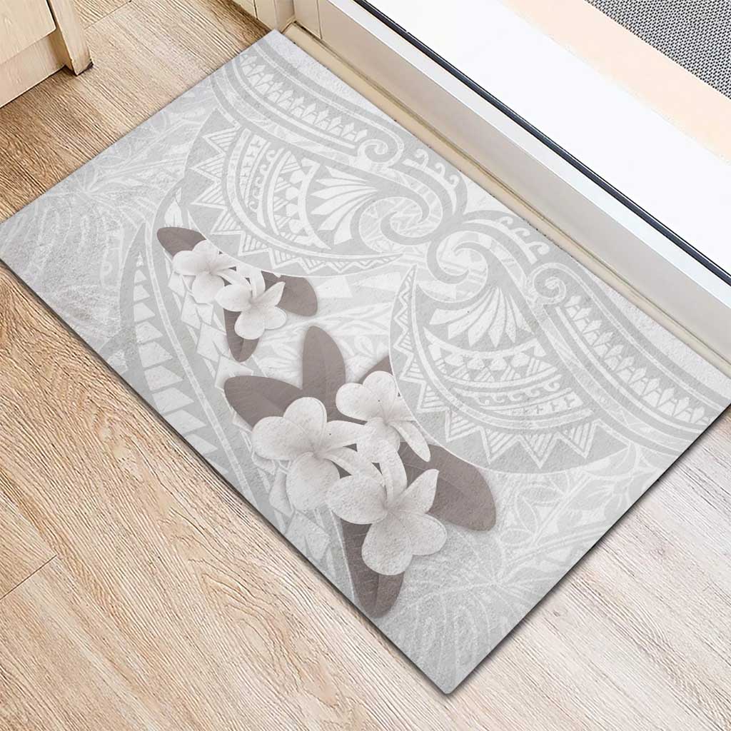 White Polynesia Rubber Doormat Tribal Pattern Tropical Frangipani