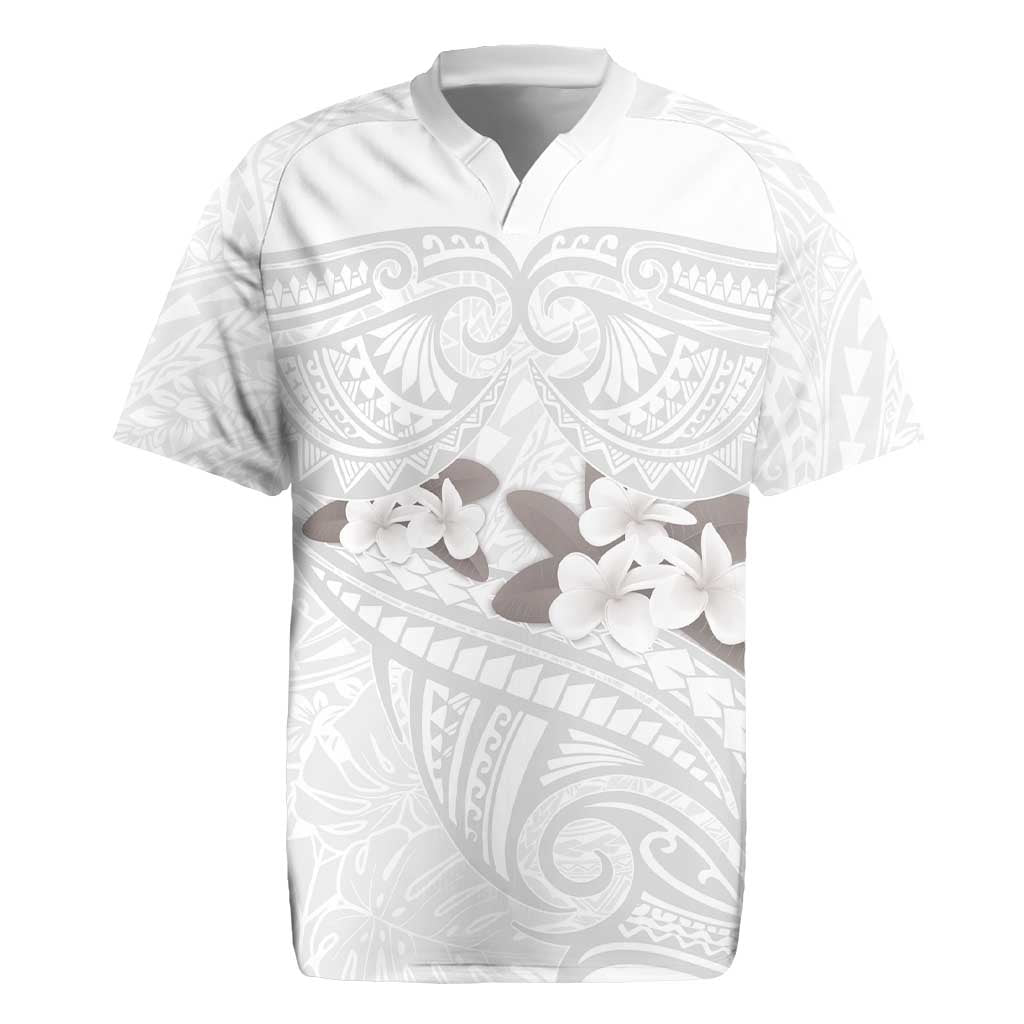 White Polynesia Rugby Jersey Tribal Pattern Tropical Frangipani