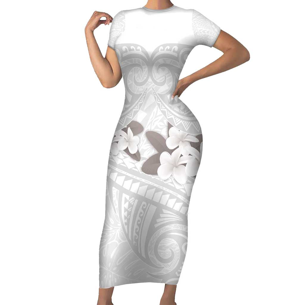White Polynesia Short Sleeve Bodycon Dress Tribal Pattern Tropical Frangipani LT14 Long Dress White - Polynesian Pride