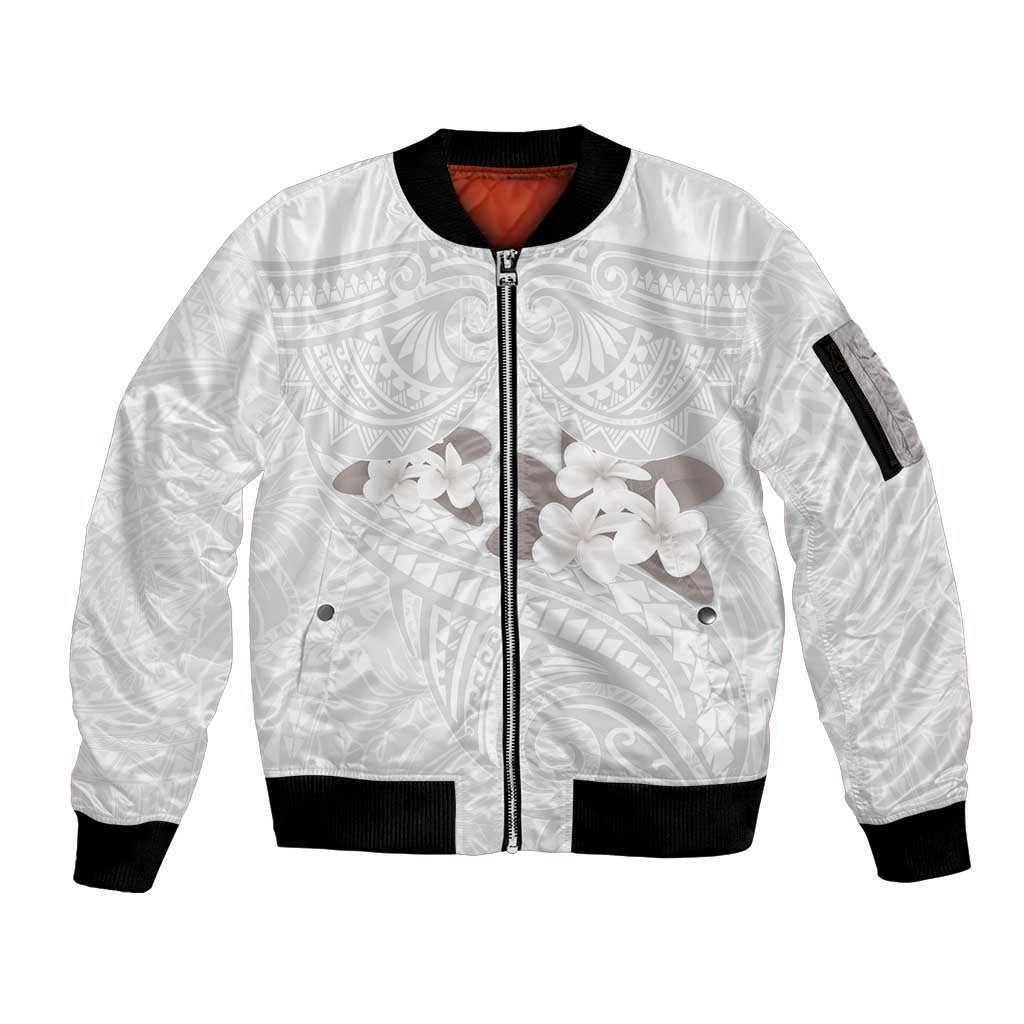 White Polynesia Sleeve Zip Bomber Jacket Tribal Pattern Tropical Frangipani LT14 Unisex White - Polynesian Pride