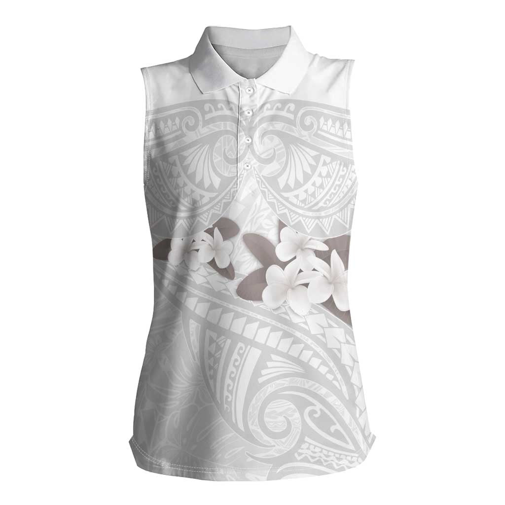 White Polynesia Women Sleeveless Polo Shirt Tribal Pattern Tropical Frangipani