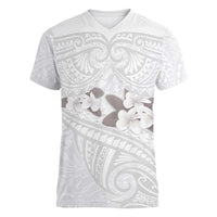 White Polynesia Women V-Neck T-Shirt Tribal Pattern Tropical Frangipani