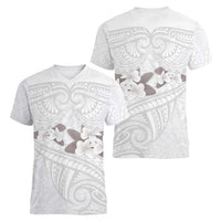White Polynesia Women V-Neck T-Shirt Tribal Pattern Tropical Frangipani