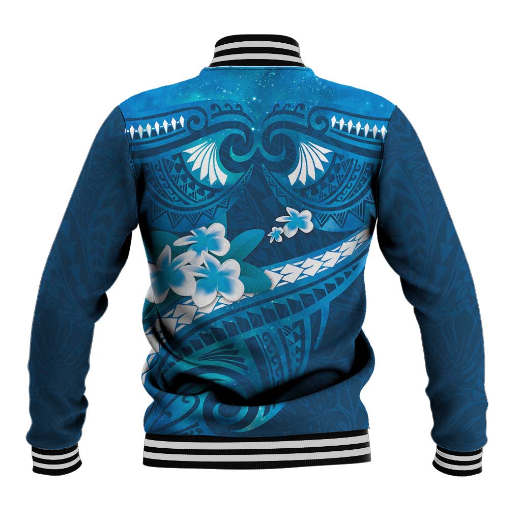Blue Polynesia Baseball Jacket Tribal Pattern Tropical Frangipani