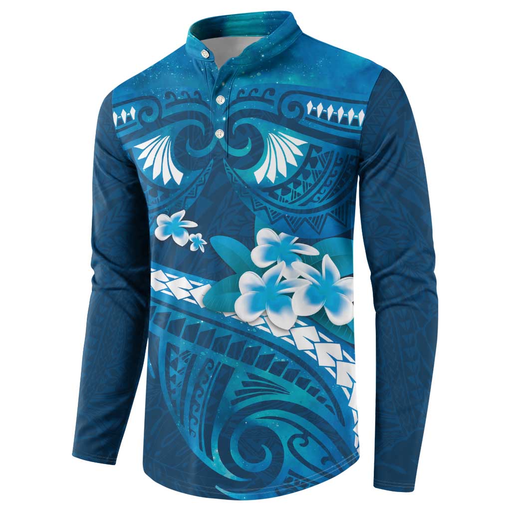 Blue Polynesia Button Sweatshirt Tribal Pattern Tropical Frangipani