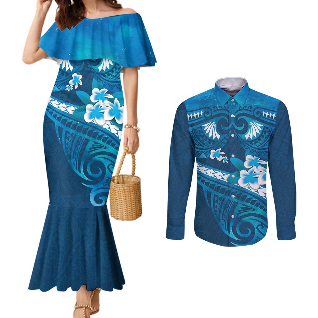 Blue Polynesia Couples Matching Mermaid Dress and Long Sleeve Button Shirt Tribal Pattern Tropical Frangipani