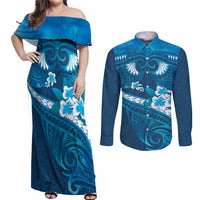 Blue Polynesia Couples Matching Off Shoulder Maxi Dress and Long Sleeve Button Shirt Tribal Pattern Tropical Frangipani