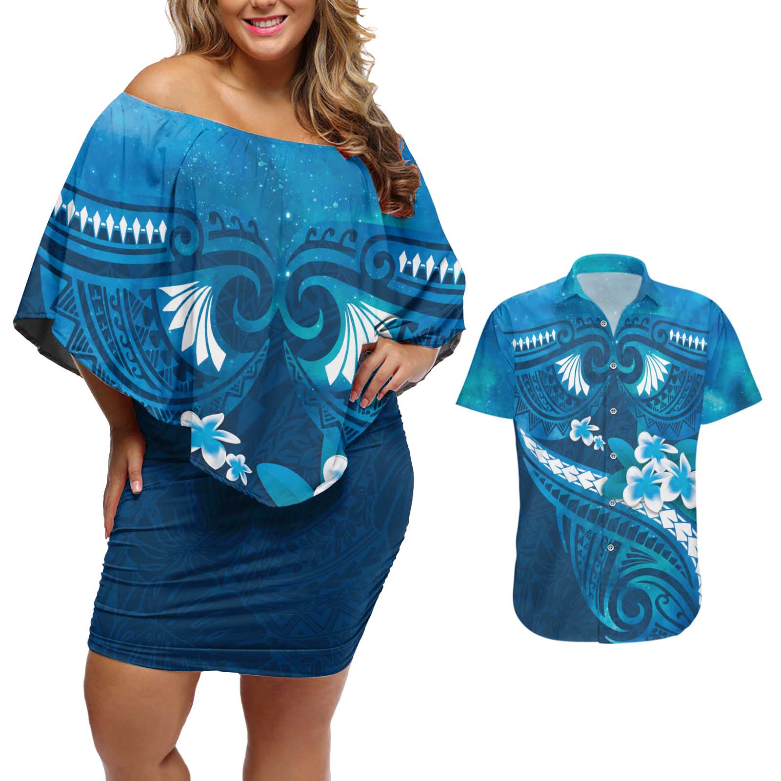 Blue Polynesia Couples Matching Off Shoulder Short Dress and Hawaiian Shirt Tribal Pattern Tropical Frangipani