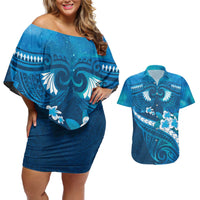 Blue Polynesia Couples Matching Off Shoulder Short Dress and Hawaiian Shirt Tribal Pattern Tropical Frangipani