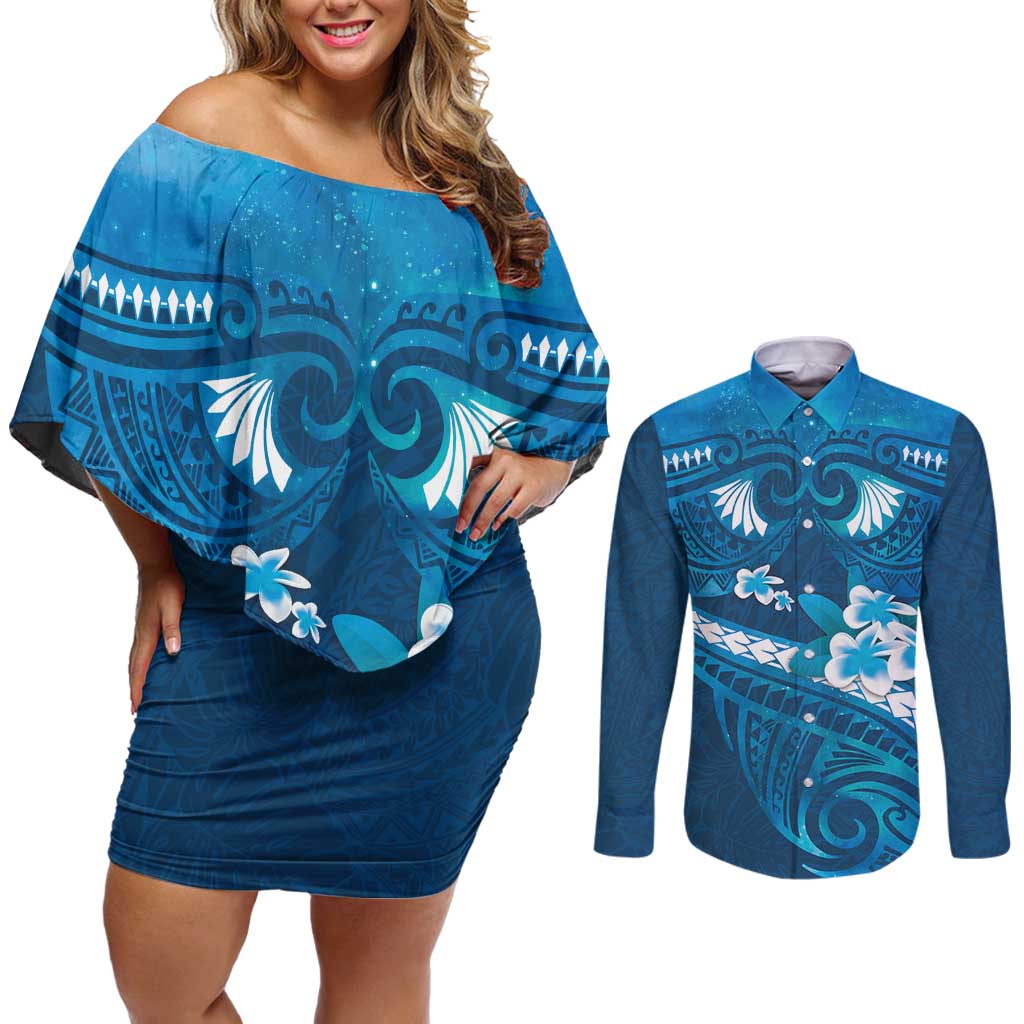 Blue Polynesia Couples Matching Off Shoulder Short Dress and Long Sleeve Button Shirt Tribal Pattern Tropical Frangipani