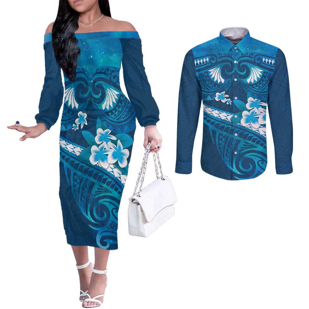 Blue Polynesia Couples Matching Off The Shoulder Long Sleeve Dress and Long Sleeve Button Shirt Tribal Pattern Tropical Frangipani