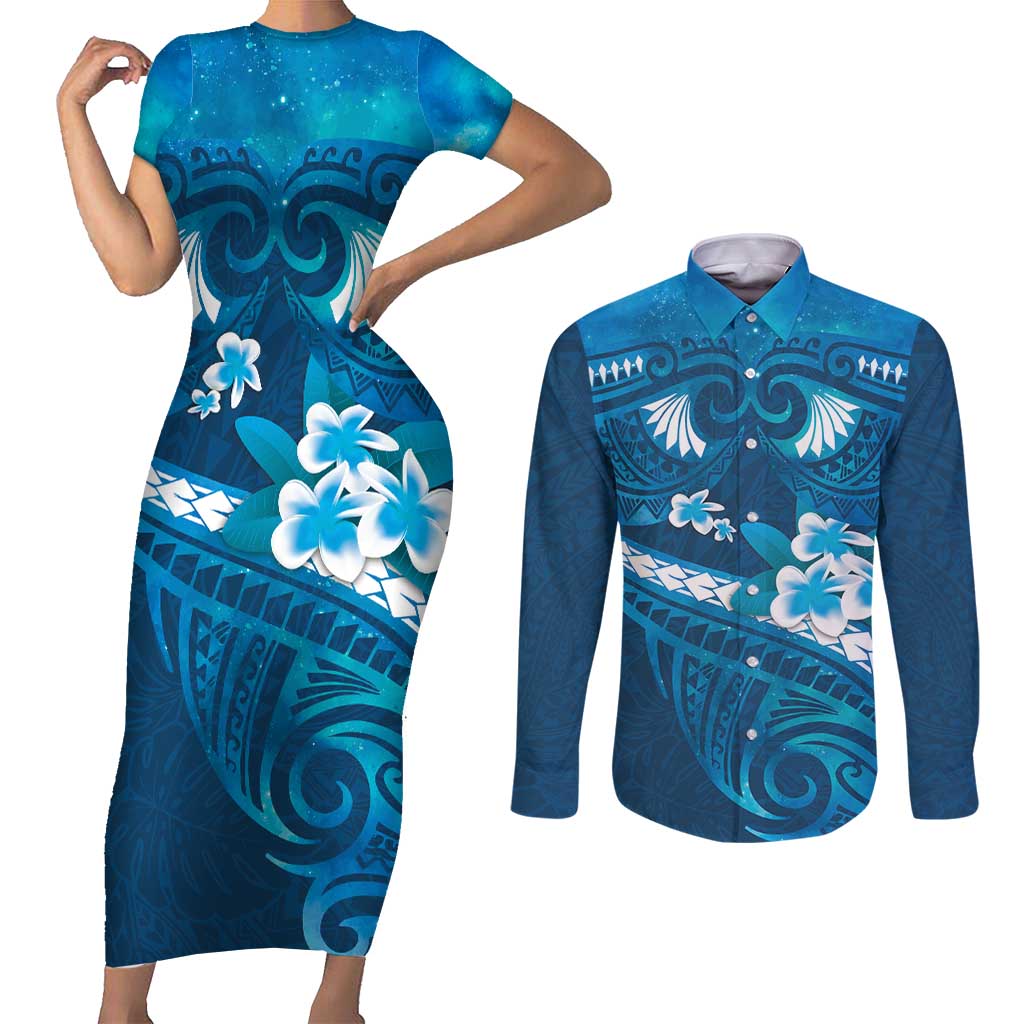 Blue Polynesia Couples Matching Short Sleeve Bodycon Dress and Long Sleeve Button Shirt Tribal Pattern Tropical Frangipani