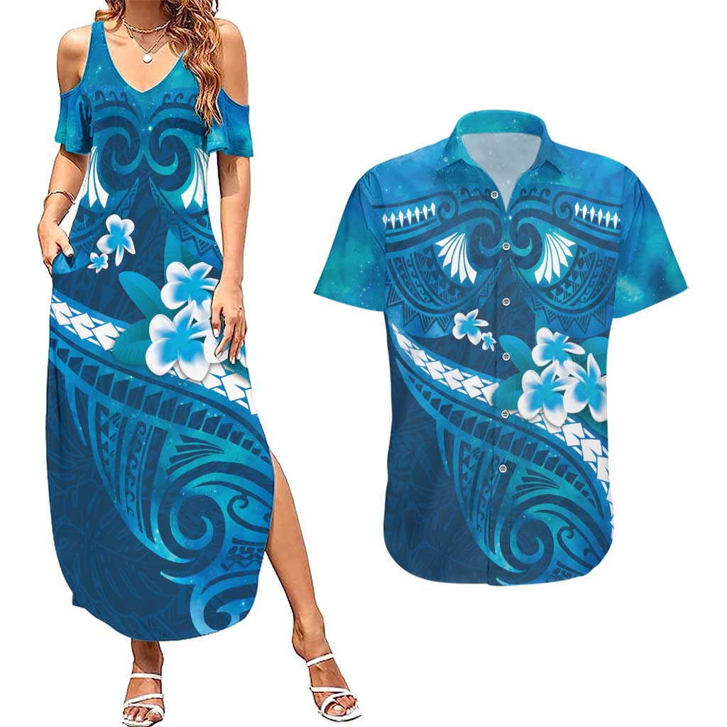 Blue Polynesia Couples Matching Summer Maxi Dress and Hawaiian Shirt Tribal Pattern Tropical Frangipani