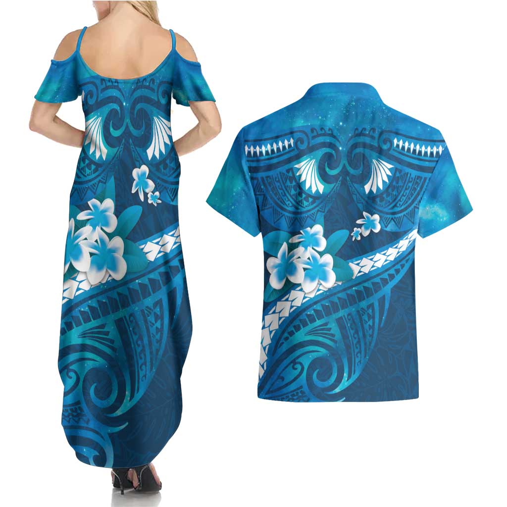 Blue Polynesia Couples Matching Summer Maxi Dress and Hawaiian Shirt Tribal Pattern Tropical Frangipani