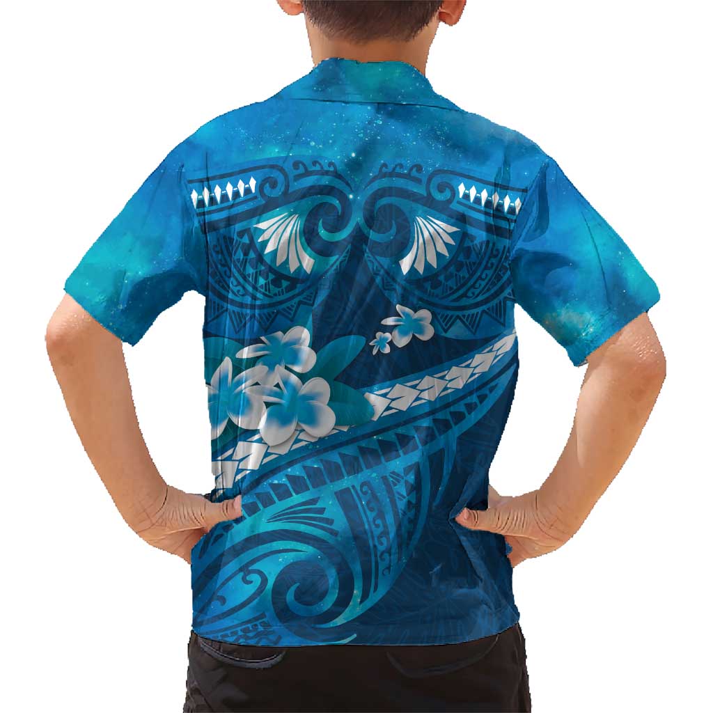 Blue Polynesia Family Matching Short Sleeve Bodycon Dress and Hawaiian Shirt Tribal Pattern Tropical Frangipani