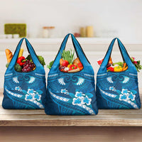 Blue Polynesia Grocery Bag Tribal Pattern Tropical Frangipani
