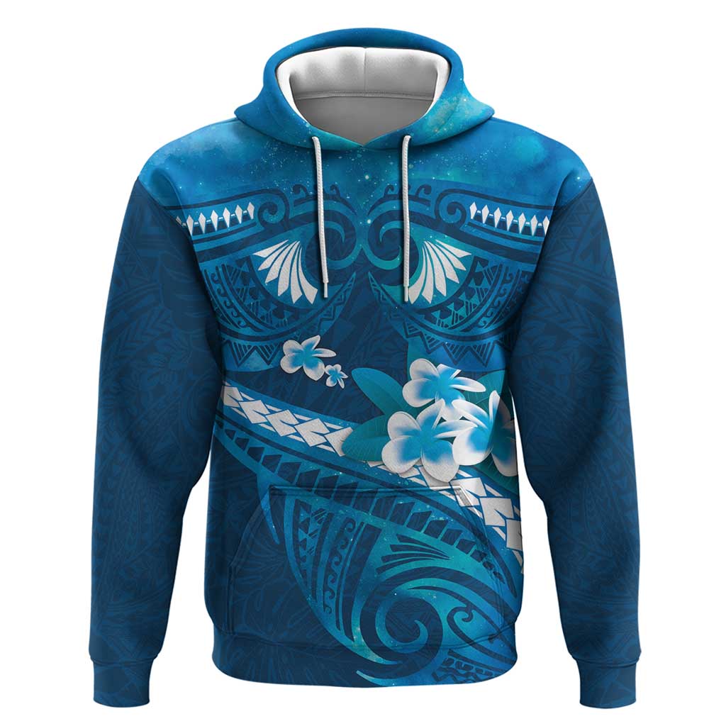 Blue Polynesia Hoodie Tribal Pattern Tropical Frangipani