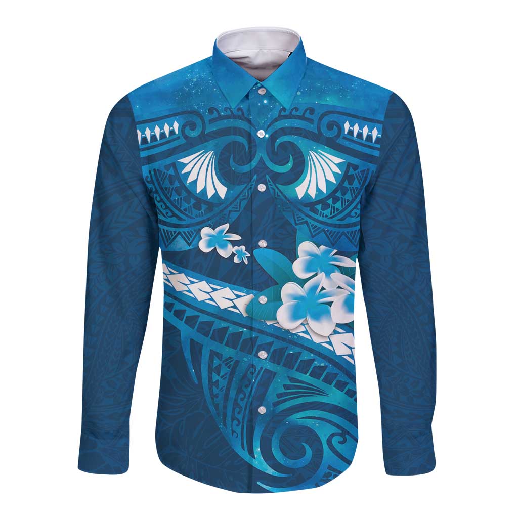 Blue Polynesia Long Sleeve Button Shirt Tribal Pattern Tropical Frangipani