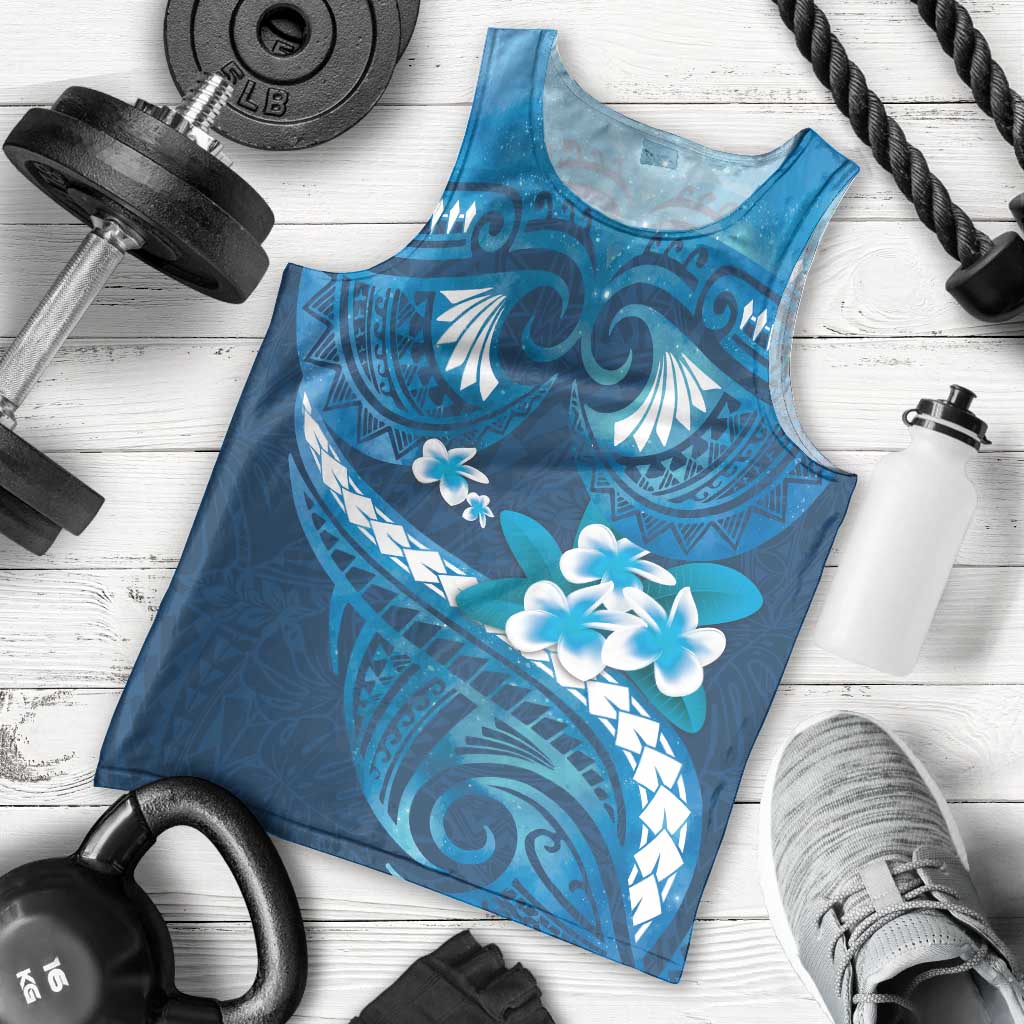 Blue Polynesia Men Tank Top Tribal Pattern Tropical Frangipani