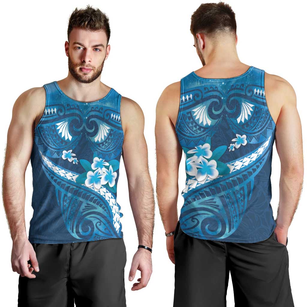 Blue Polynesia Men Tank Top Tribal Pattern Tropical Frangipani