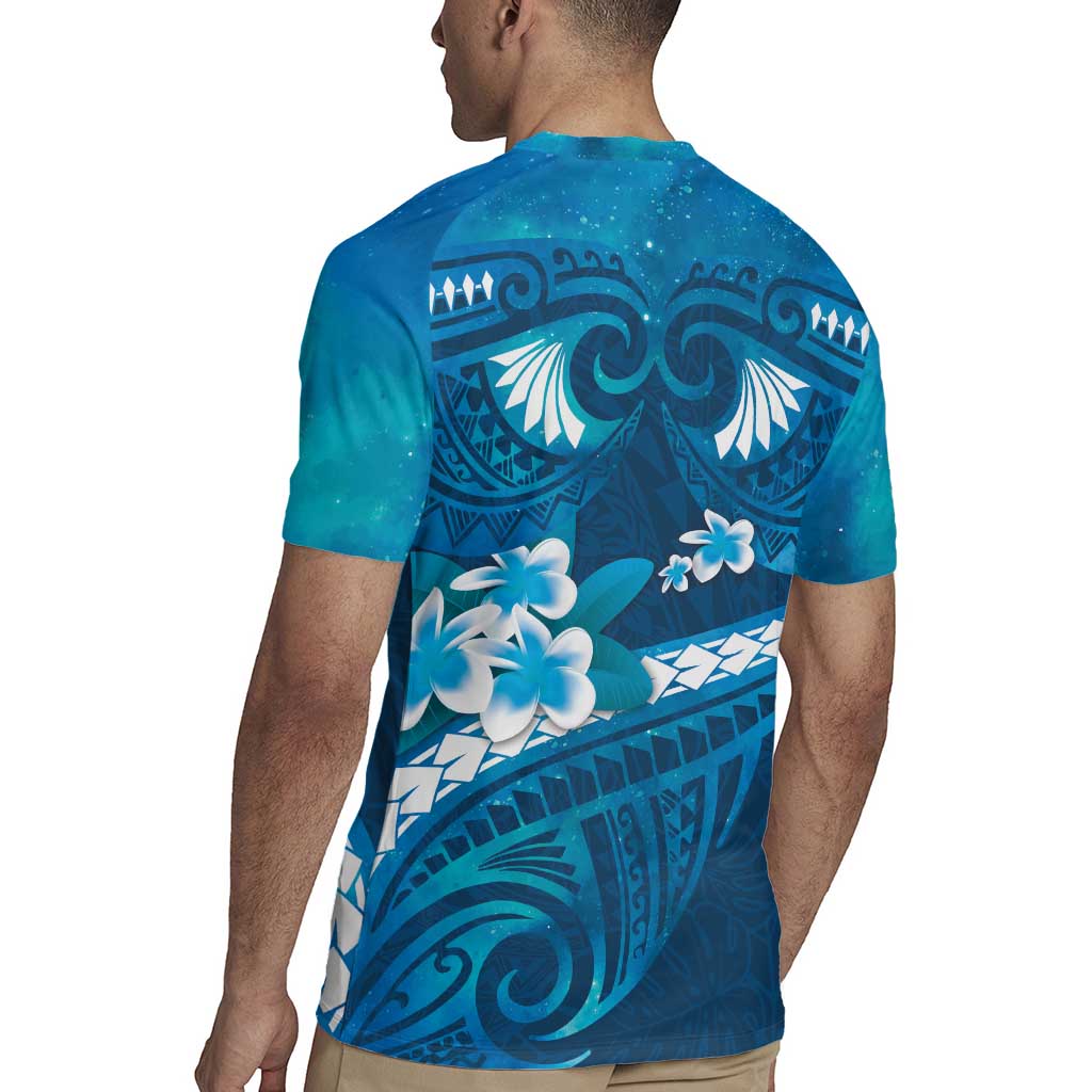 Blue Polynesia Rugby Jersey Tribal Pattern Tropical Frangipani