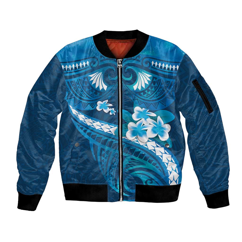 Blue Polynesia Sleeve Zip Bomber Jacket Tribal Pattern Tropical Frangipani LT14 Unisex Blue - Polynesian Pride