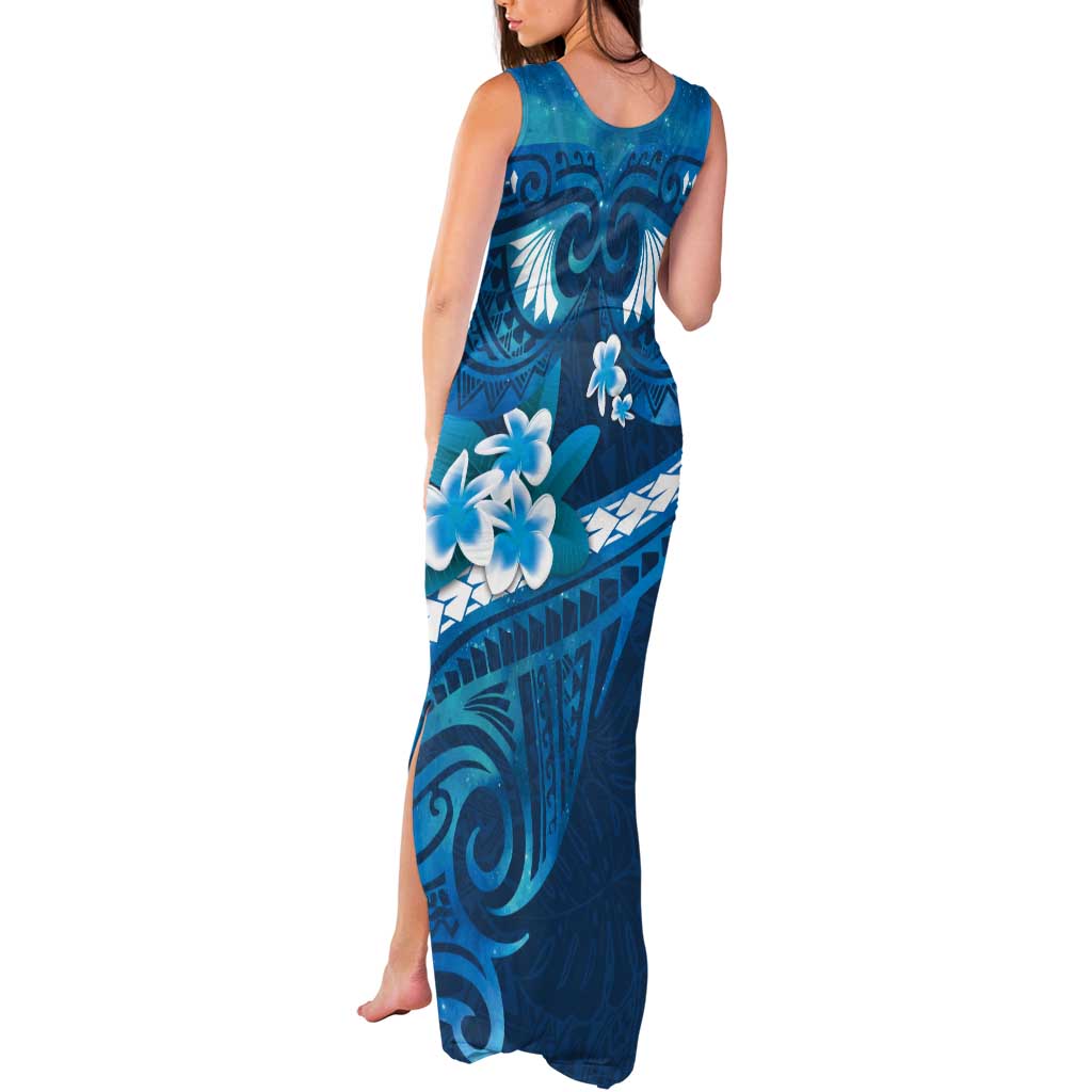 Blue Polynesia Tank Maxi Dress Tribal Pattern Tropical Frangipani