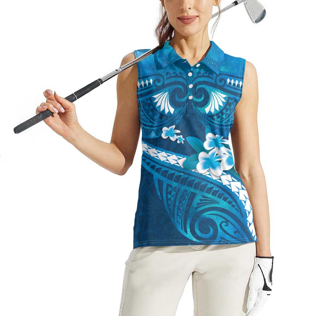 Blue Polynesia Women Sleeveless Polo Shirt Tribal Pattern Tropical Frangipani