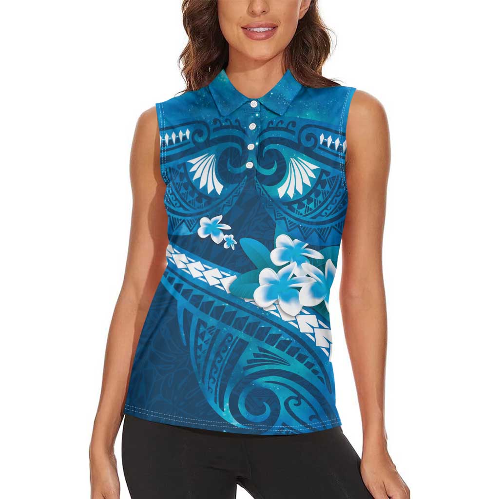 Blue Polynesia Women Sleeveless Polo Shirt Tribal Pattern Tropical Frangipani