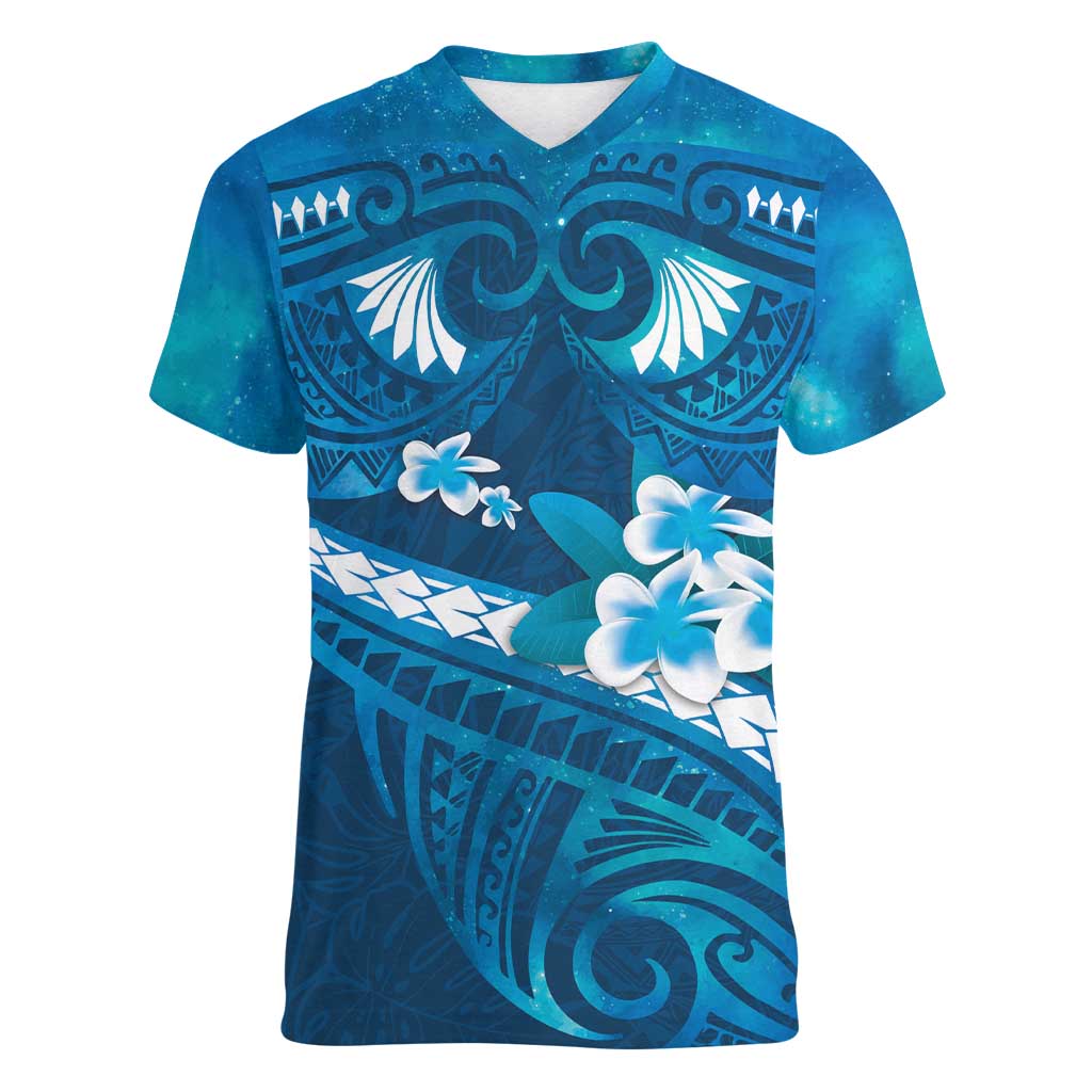 Blue Polynesia Women V-Neck T-Shirt Tribal Pattern Tropical Frangipani