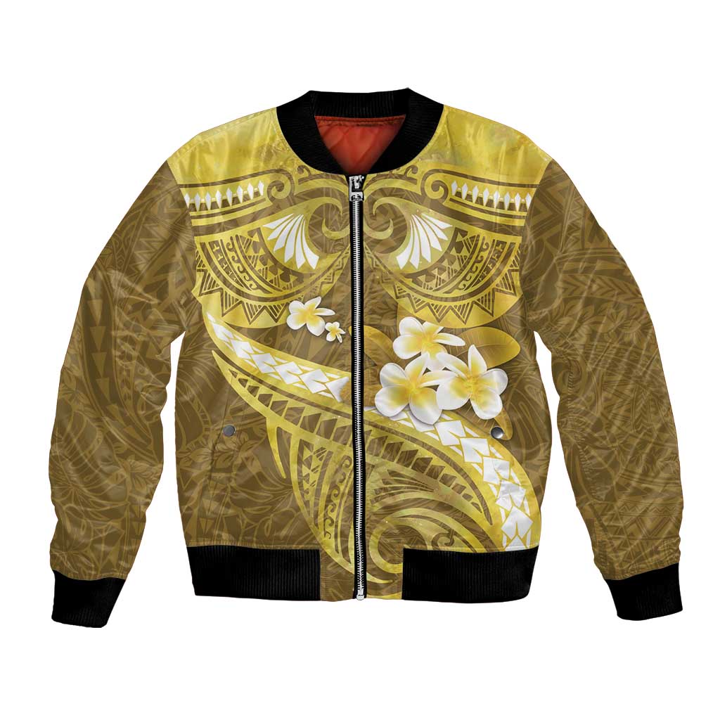 Gold Polynesia Bomber Jacket Tribal Pattern Tropical Frangipani LT14 Unisex Gold - Polynesian Pride