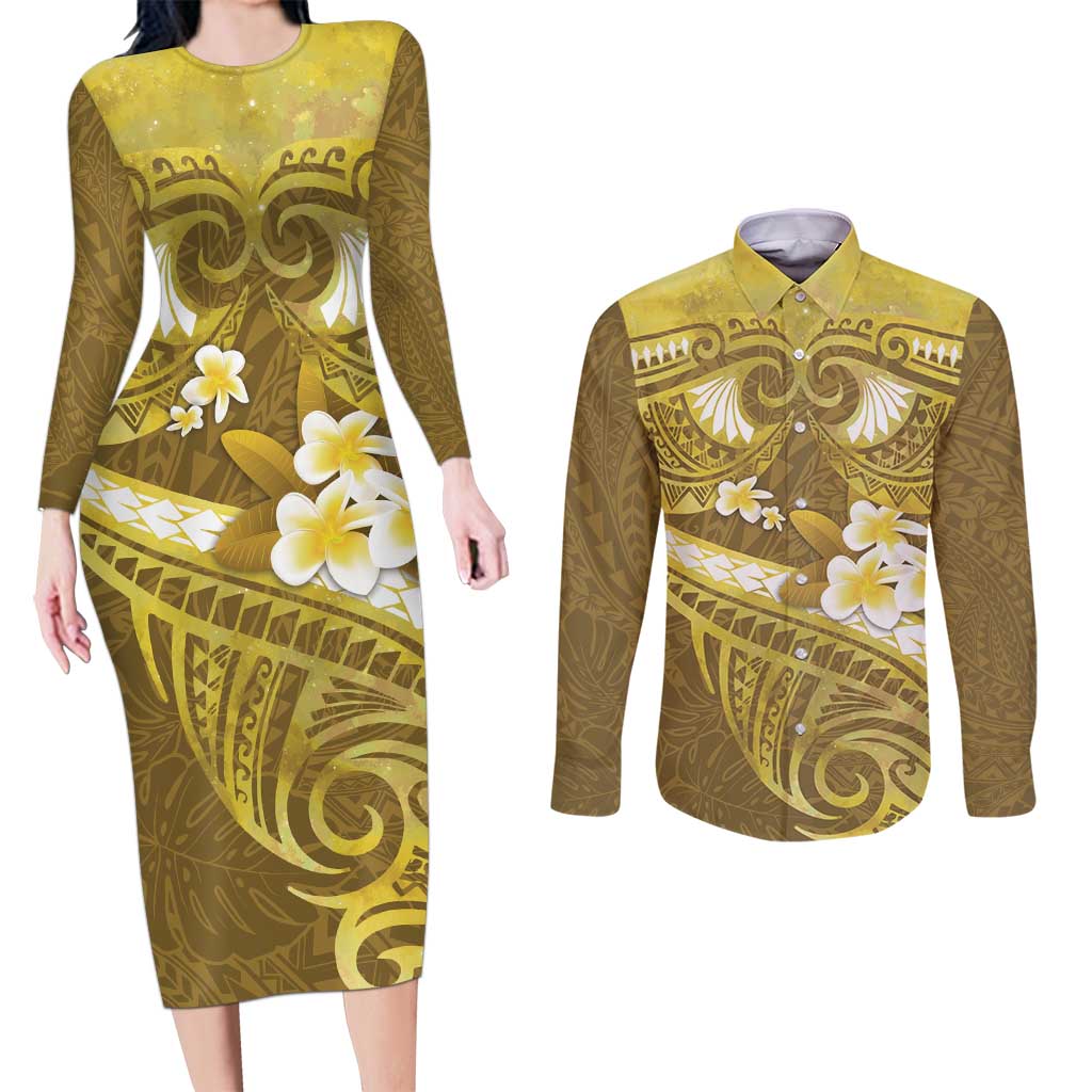 Gold Polynesia Couples Matching Long Sleeve Bodycon Dress and Long Sleeve Button Shirt Tribal Pattern Tropical Frangipani