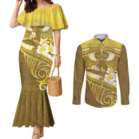 Gold Polynesia Couples Matching Mermaid Dress and Long Sleeve Button Shirt Tribal Pattern Tropical Frangipani