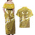 Gold Polynesia Couples Matching Off Shoulder Maxi Dress and Hawaiian Shirt Tribal Pattern Tropical Frangipani