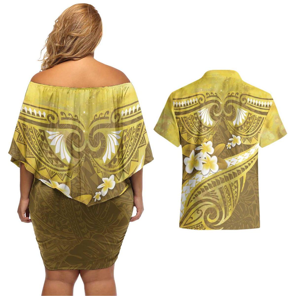 Gold Polynesia Couples Matching Off Shoulder Short Dress and Hawaiian Shirt Tribal Pattern Tropical Frangipani