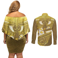 Gold Polynesia Couples Matching Off Shoulder Short Dress and Long Sleeve Button Shirt Tribal Pattern Tropical Frangipani