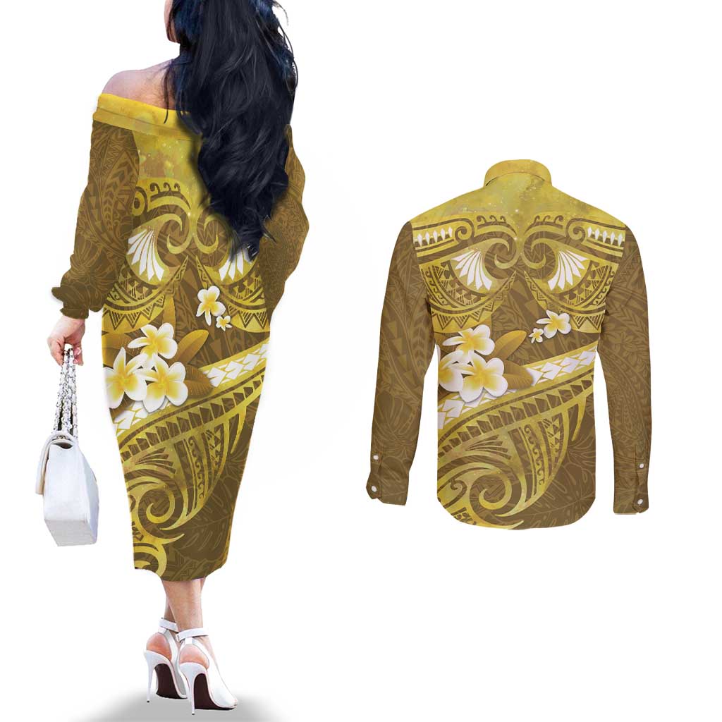 Gold Polynesia Couples Matching Off The Shoulder Long Sleeve Dress and Long Sleeve Button Shirt Tribal Pattern Tropical Frangipani