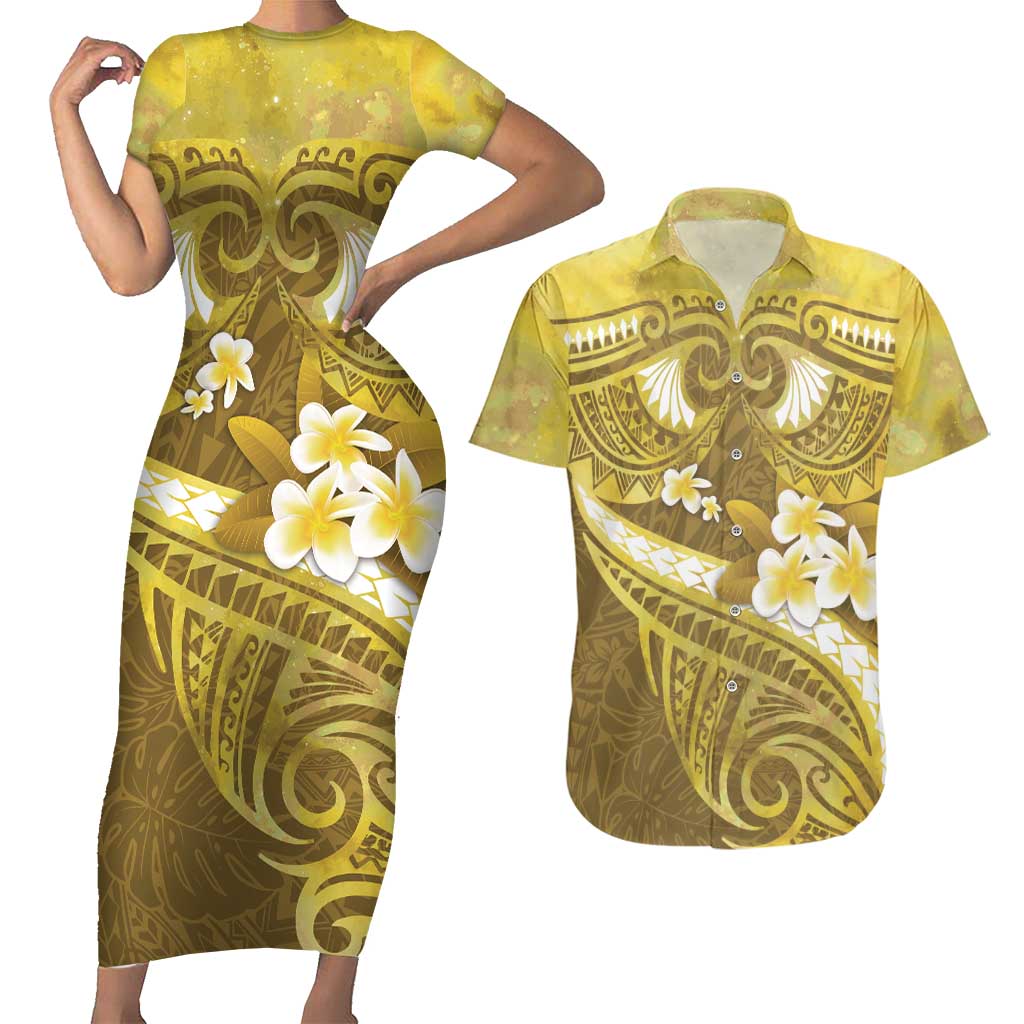 Gold Polynesia Couples Matching Short Sleeve Bodycon Dress and Hawaiian Shirt Tribal Pattern Tropical Frangipani